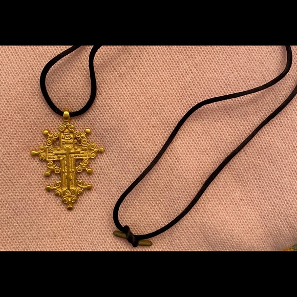 Goldtone Antique Cross on Black silk cord - Picture 1 of 6